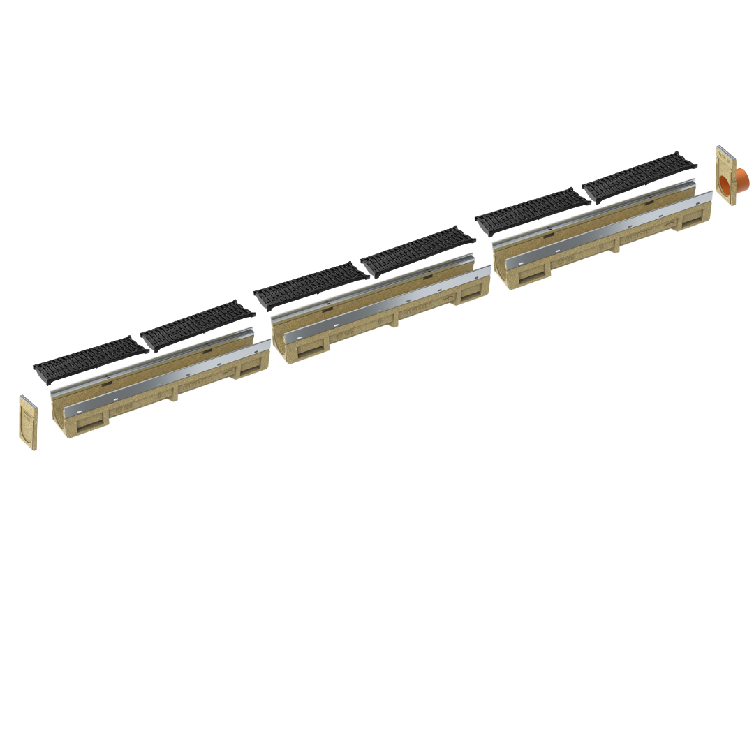 4’’ Wide Trench Drain Kit - 3 Meter Complete - ANRIN KE100 - Slotted Plastic ADA/Heel Proof Grating - ANRIN