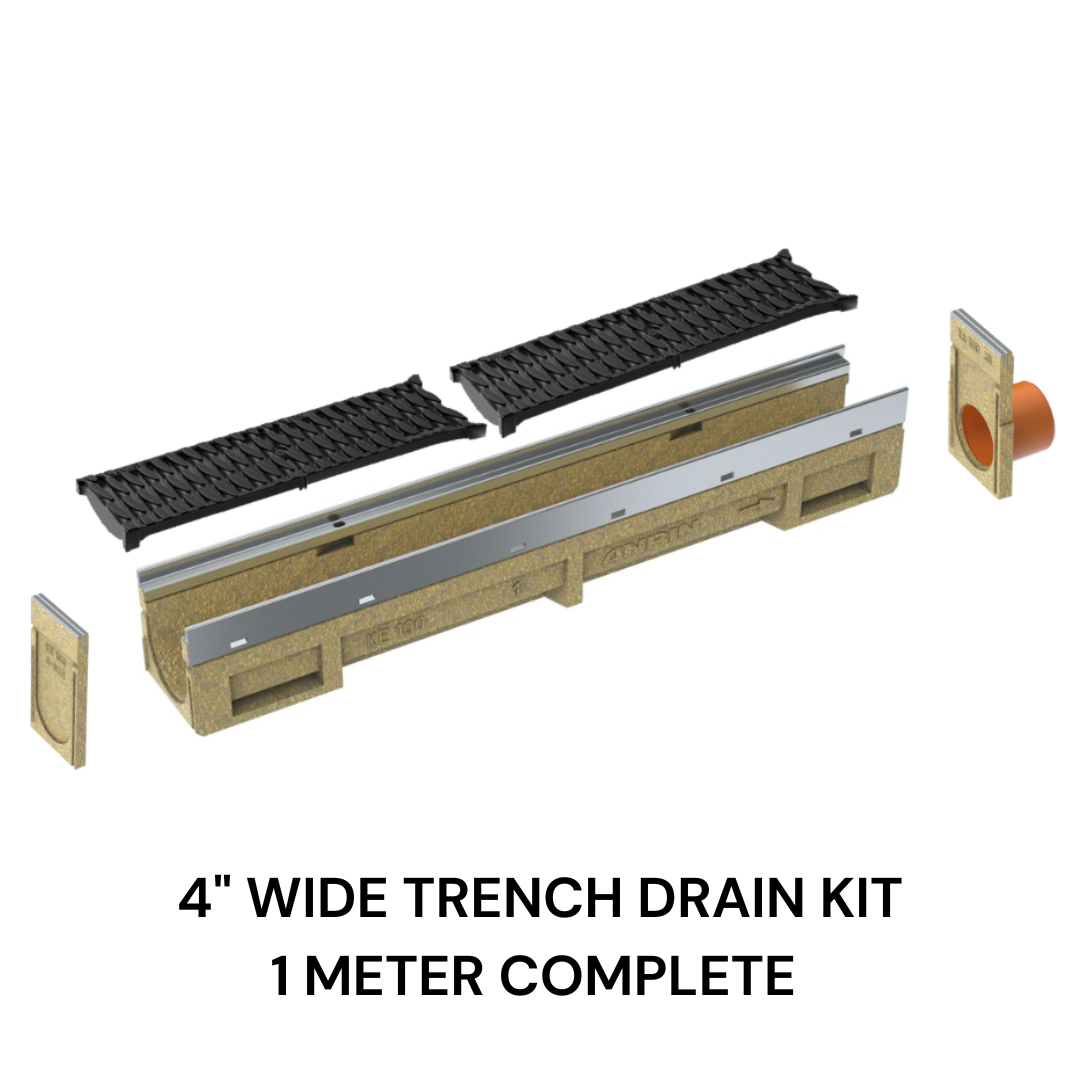 4’’ Wide Trench Drain Kit - 1 Meter Complete - ANRIN KE100 - Slotted Plastic ADA/Heel Proof Grating - ANRIN