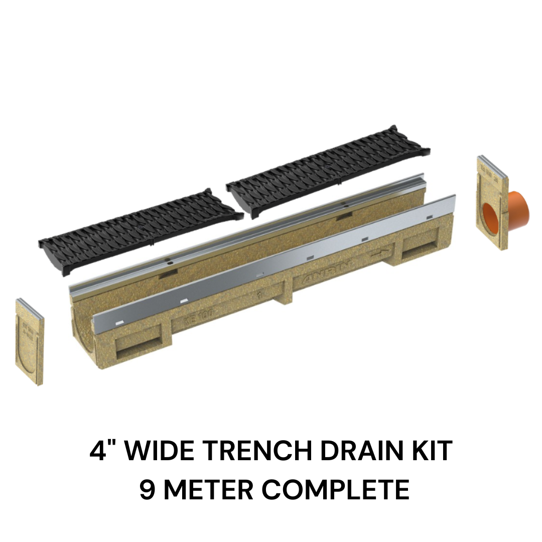 4’’ Wide Trench Drain Kit - 9 Meter Complete - ANRIN KE100 - Slotted Plastic ADA/Heel Proof Grating - ANRIN