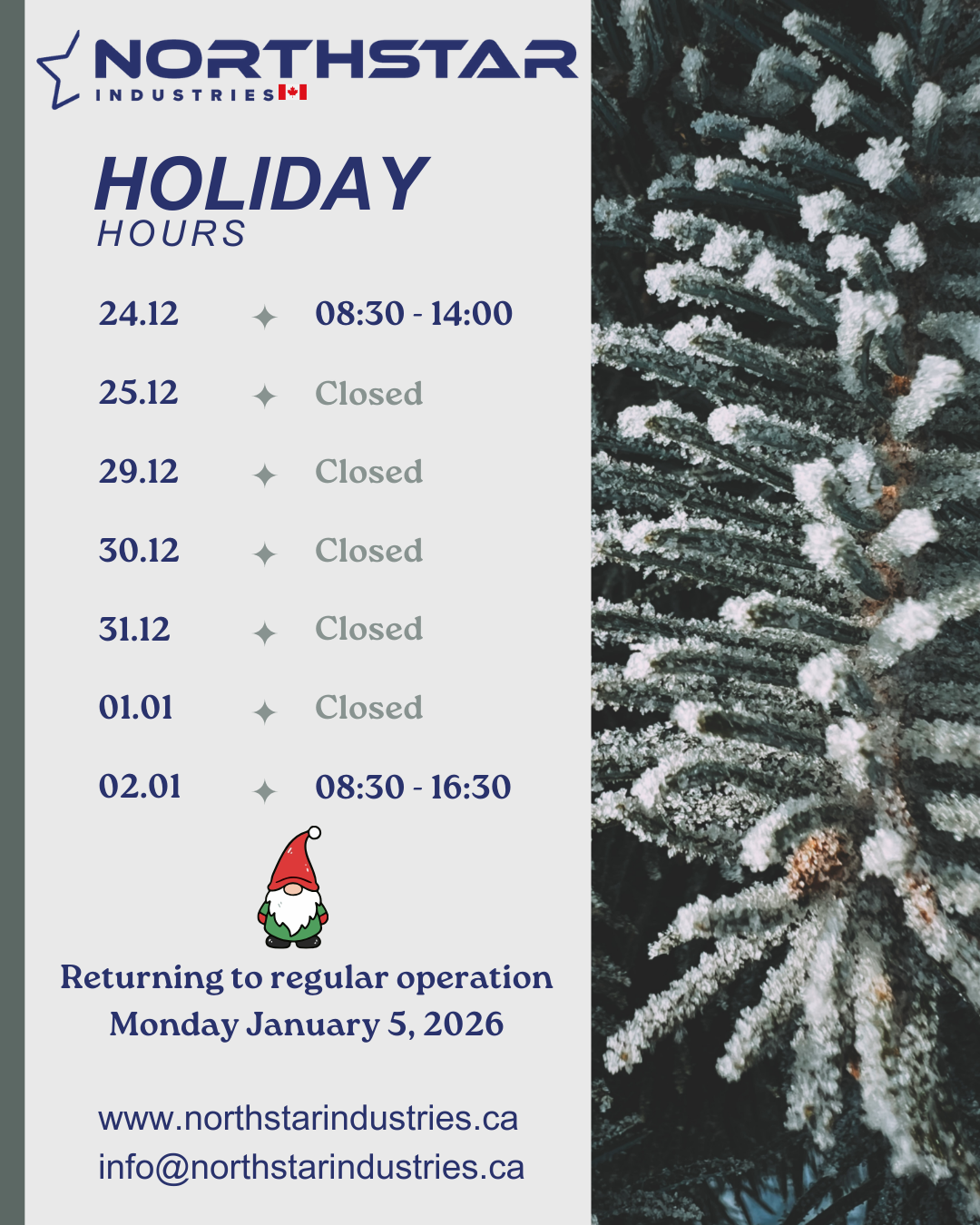 Holiday Hours Announcement from NorthStar Industries