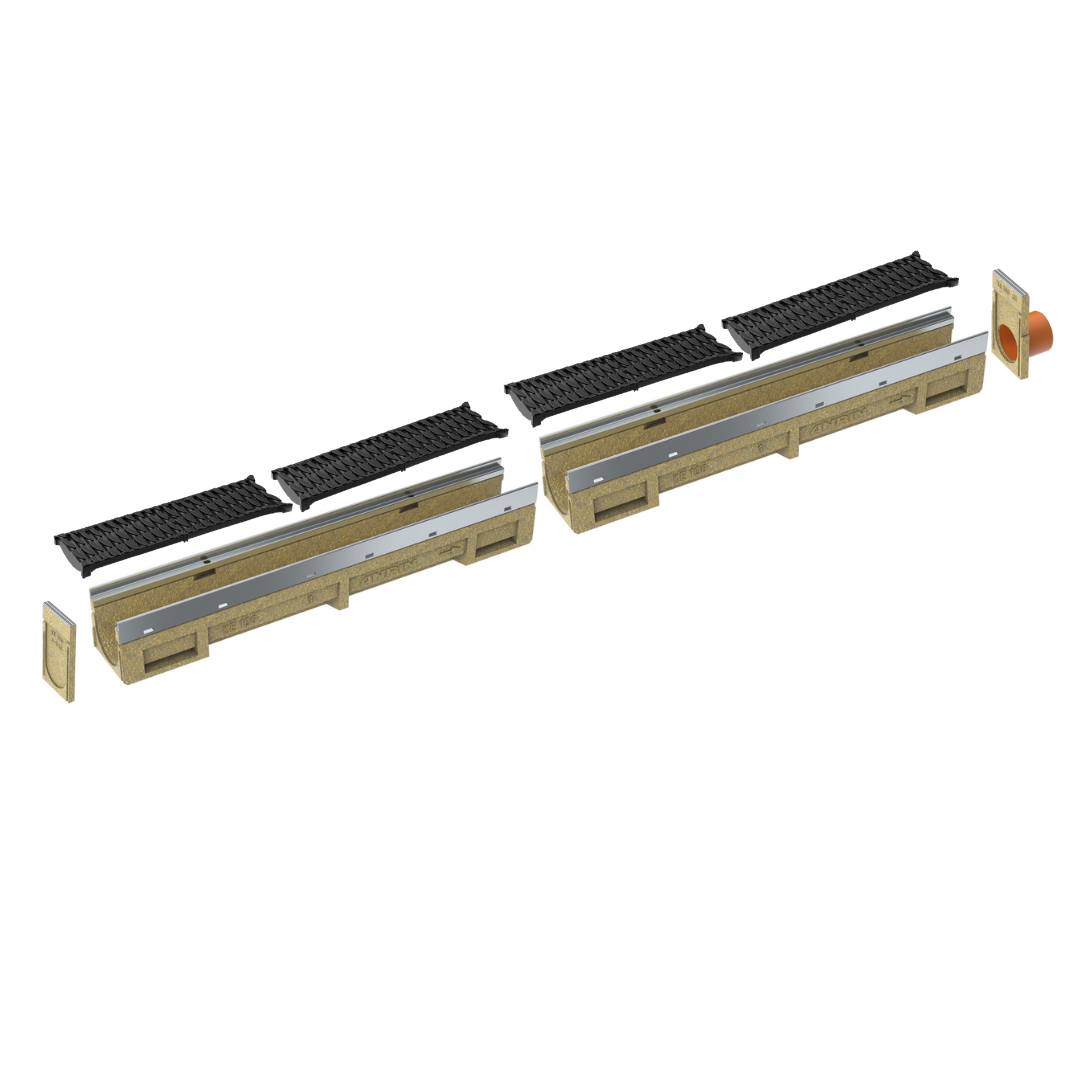 4’’ Wide Trench Drain Kit - 2 Meter Complete - ANRIN KE100 - Slotted Plastic ADA/Heel Proof Grating - ANRIN